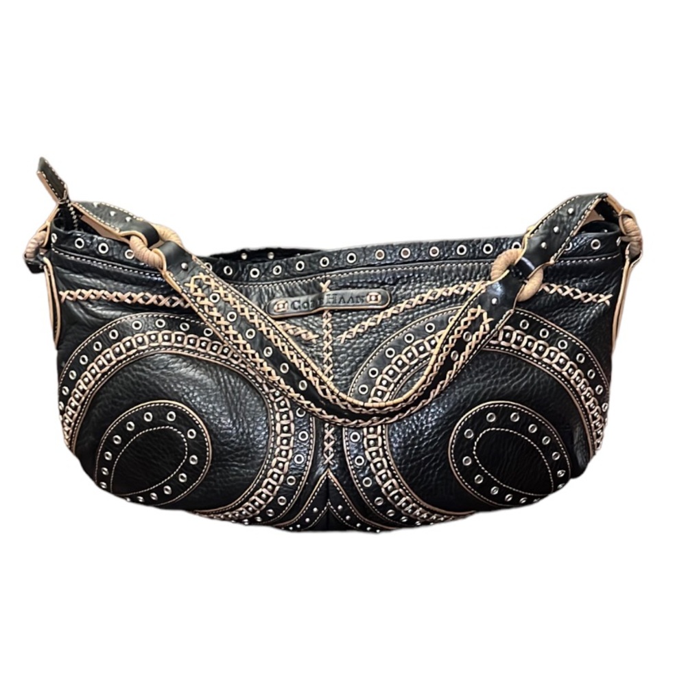 Cole Haan Bag Village Grommet  Black Pebble Leather Handbag Shoulder Stitch